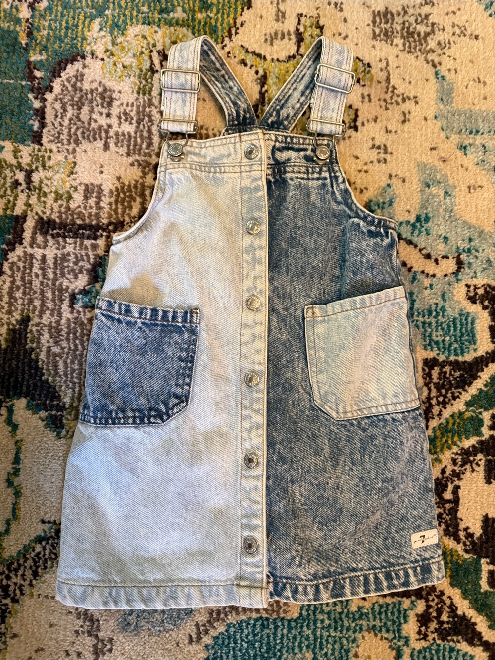 7 For All Mankind Two-Tone Light & Dark Blue Denim Overall Dress with snaps